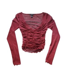 Ruched burgundy mesh top